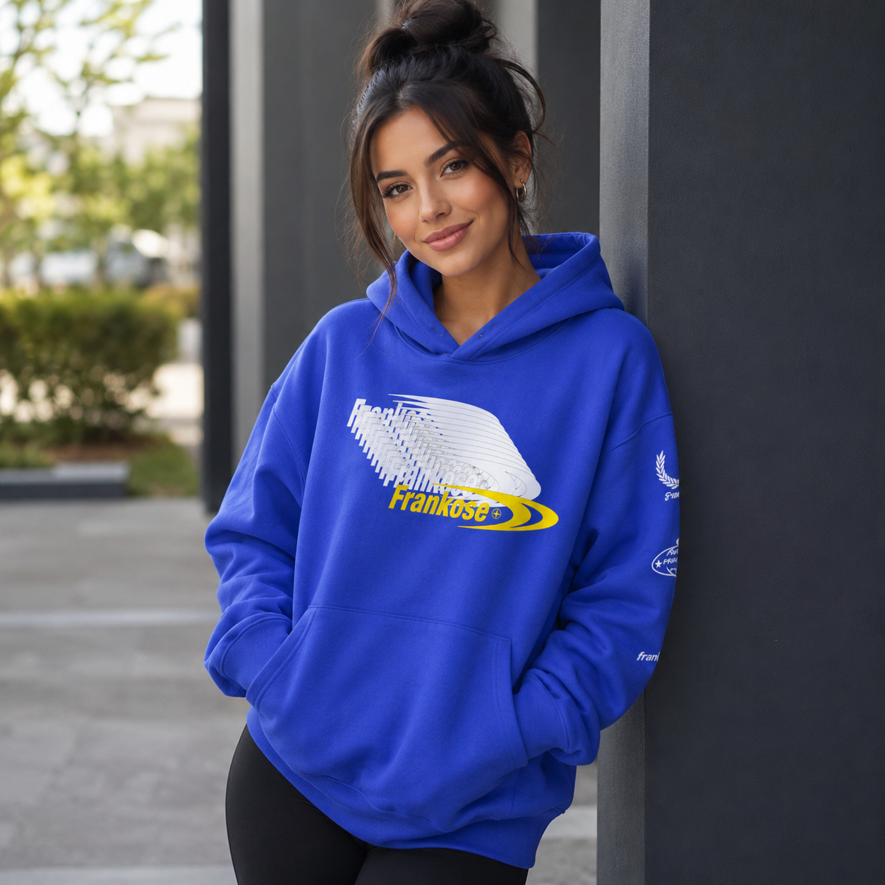 Model wearing the blue Frankose oversized fleece hoodie